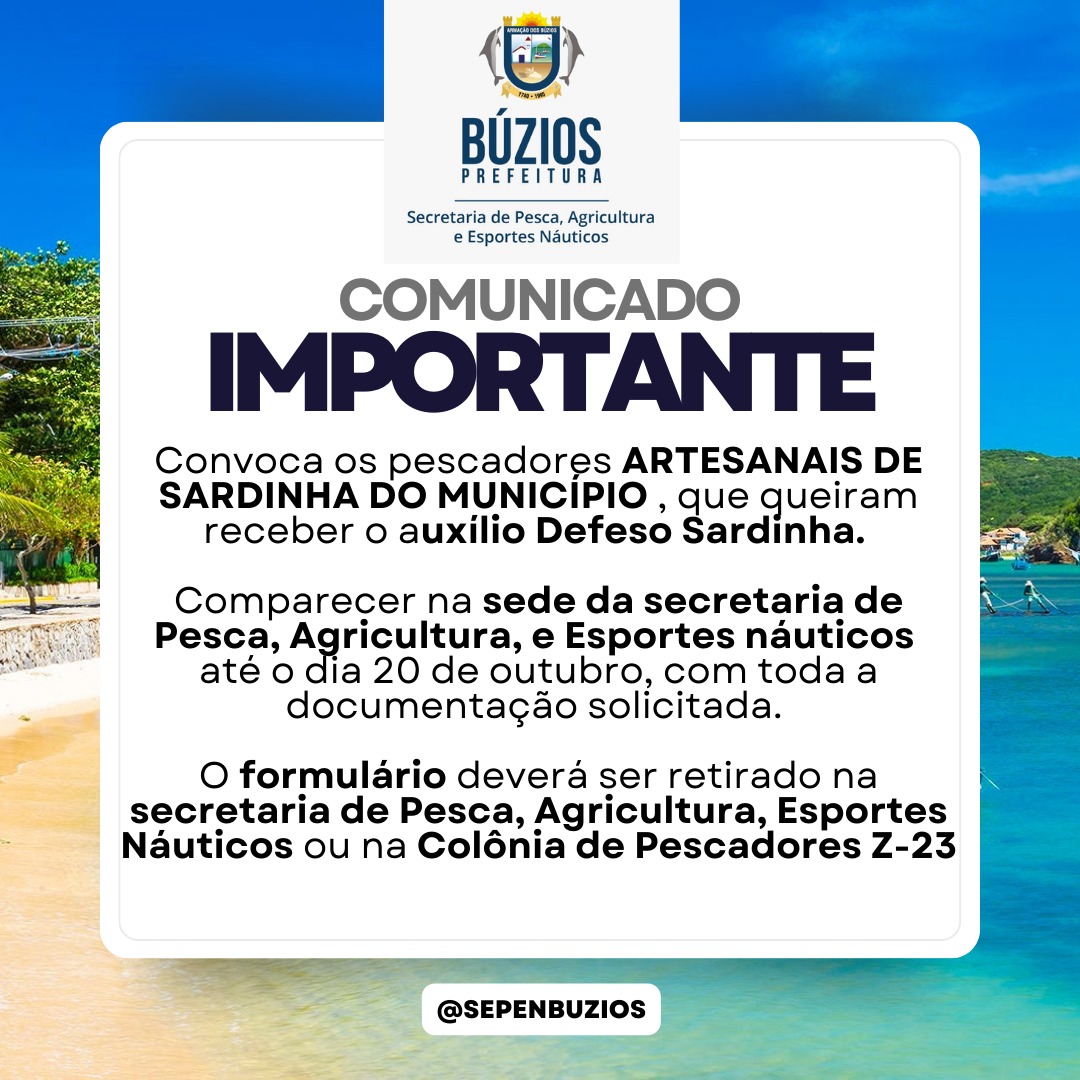 Cadastro dos Pescadores Artesanais de Búzios para auxilio Defeso Sardinha 2023 termina nesta sexta-feira